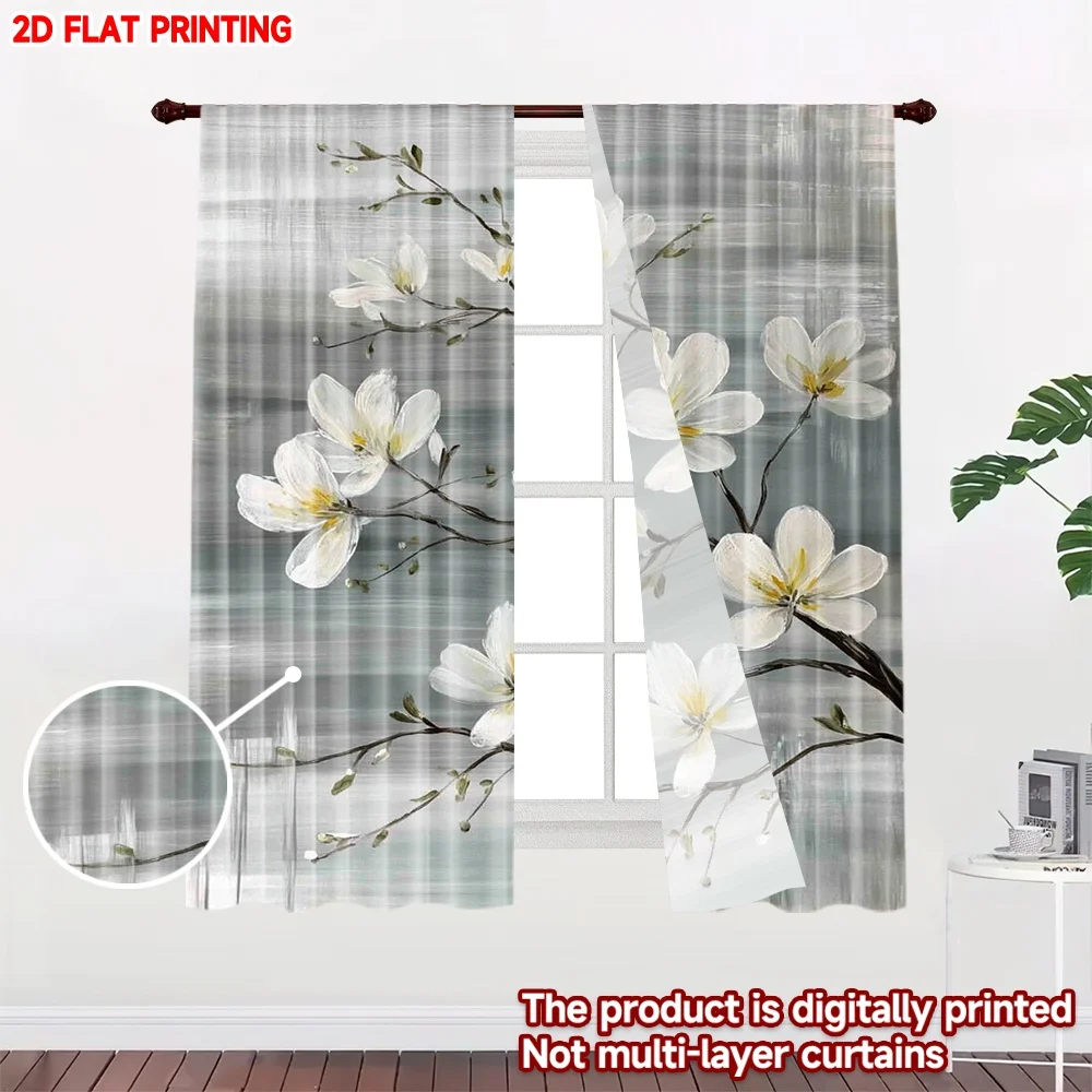 2D flat printing 2pcs Window Curtains White Blossoms on Branches Digital Printed Polyester Drapes Birthday Party Use for Holiday