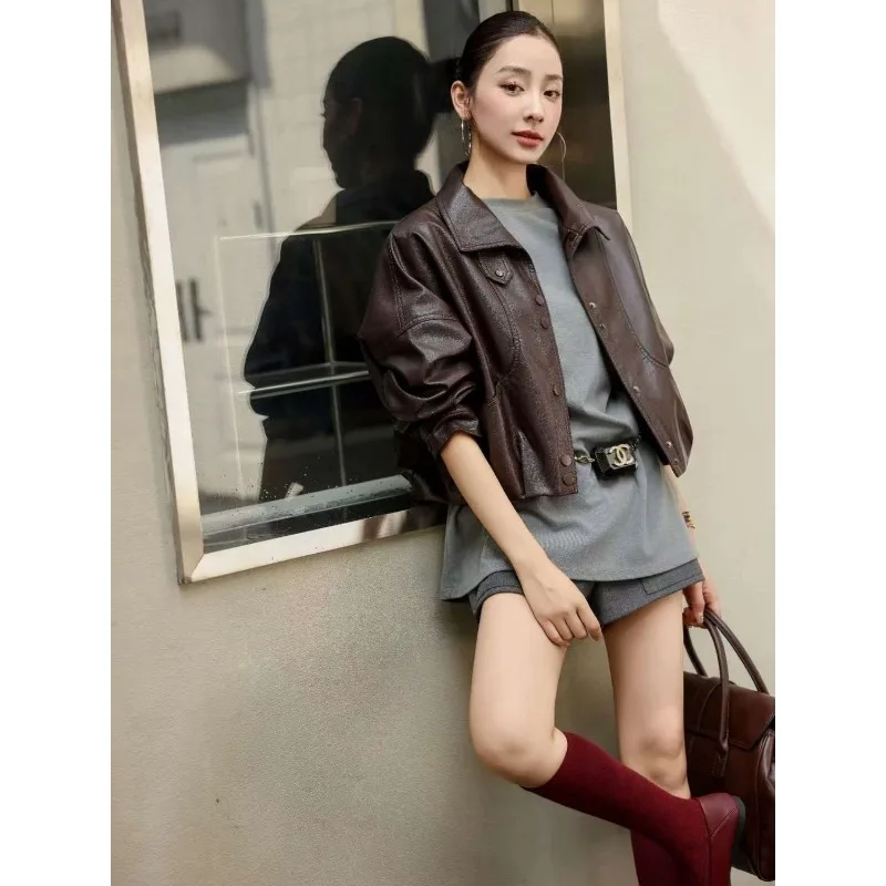 

Maillard Coffee Stand-up Collar Leather Jacket Women' Autumn New Loose Retro Design Sense Cool Sa Style Leather Jacket Exquisite