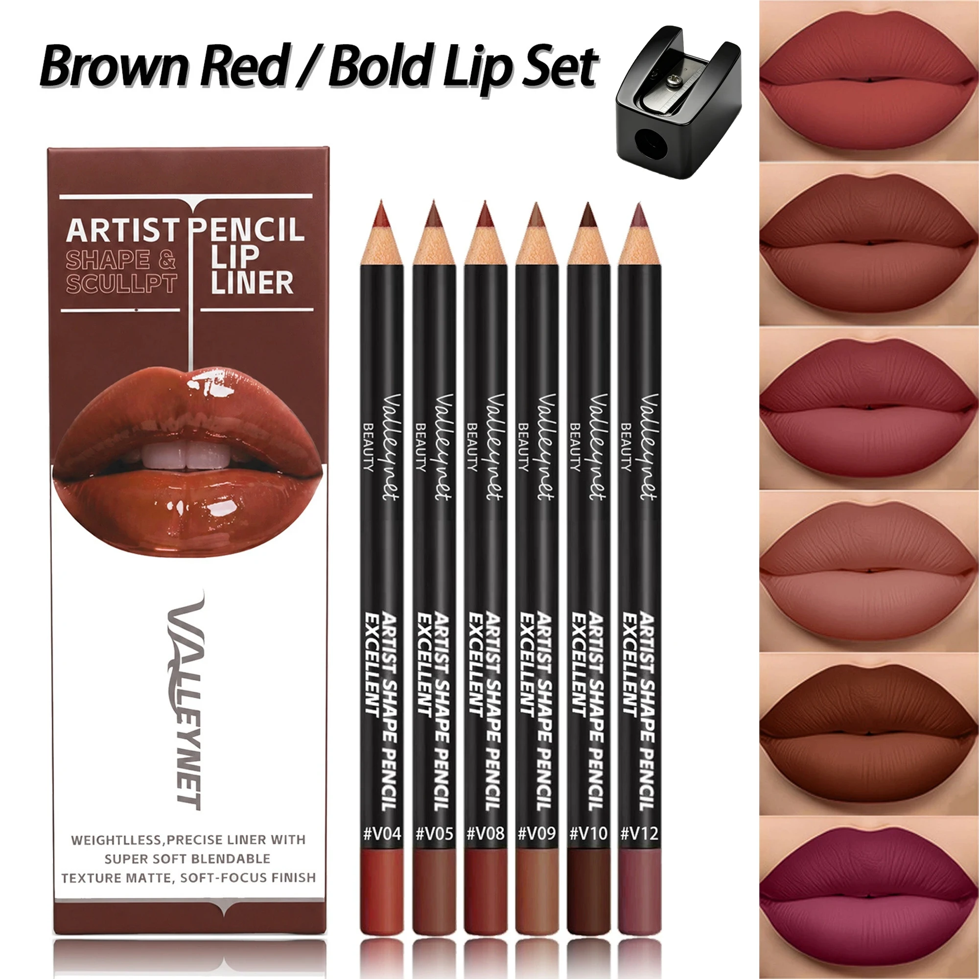 7-teiliges Lippenstift-Set, Lippen-Make-up-Set mit Samt-Textur - 6 Farben Lippenstift + 1 Spitzer - Wasserfester, langanhaltender Matt-Effekt, Rot – Detail 2