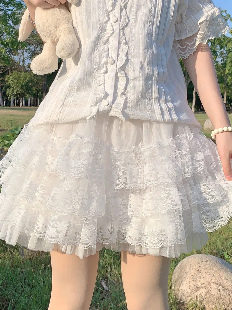 

KIMOKOKM Summer Preppy Style Ball Gown Skirt Kawaii A-Line Lolita Skirts Vintage Sweety Lace Ruffles Slit Girly Mini Skirt