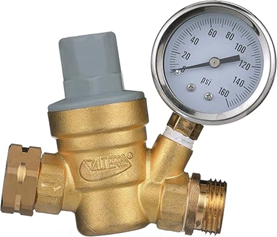 Valterra RV Water Regulator, Lead-Free Brass Adjustable Water Regulator with Pressure Gauge for Camper