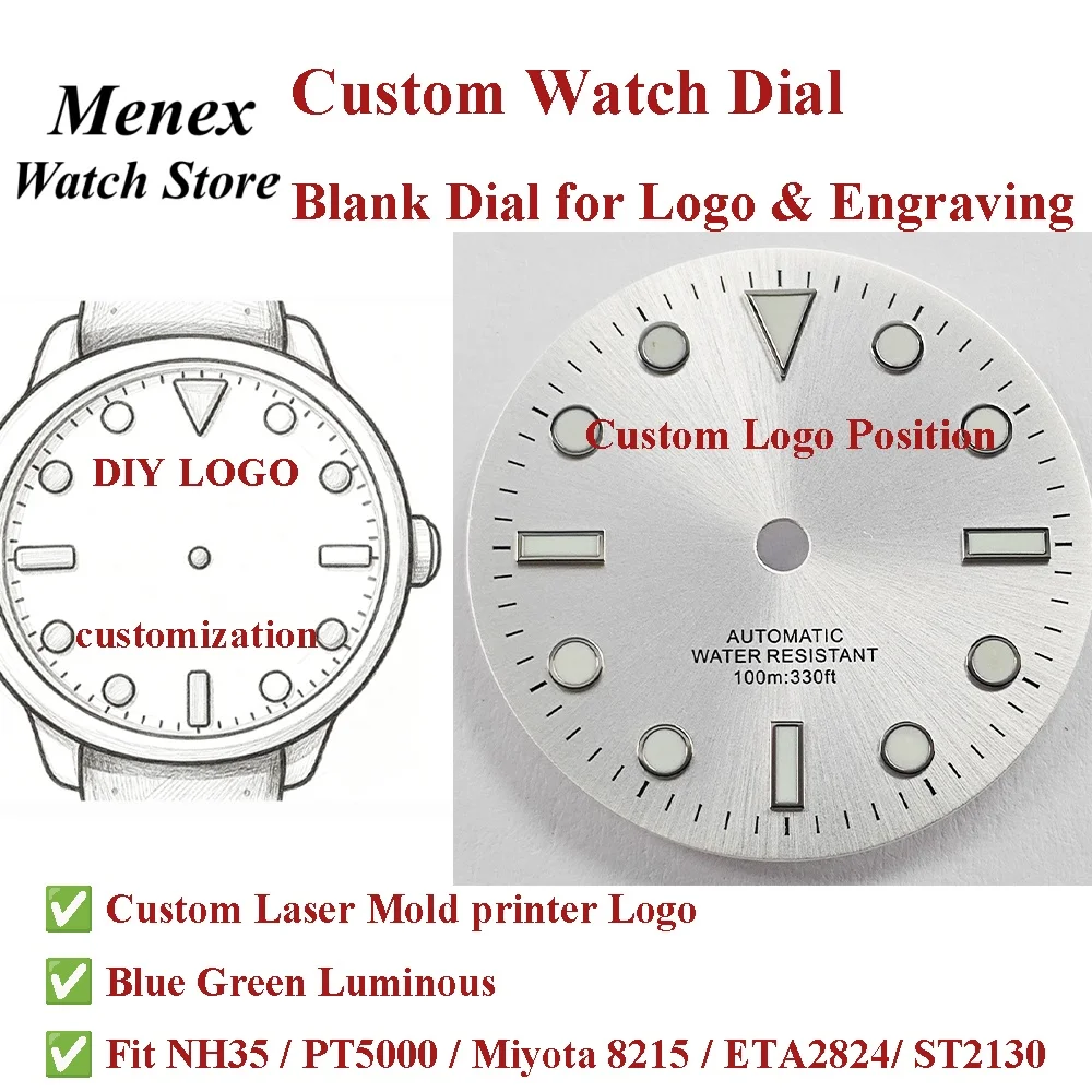 DIY Watch Mod Blank Dial Custom Engraved Logo Luminous 10Bar fit NH35 PT5000 Miyota8215 ETA2824 ST2130 Watch Movement Accessorie