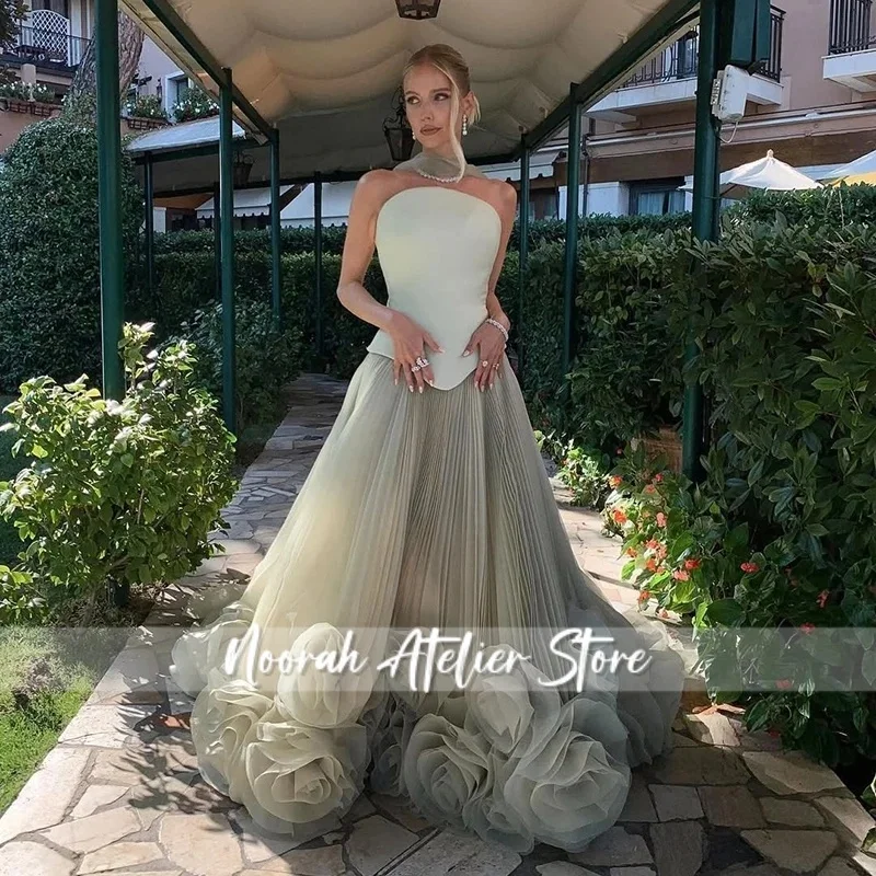 Elegant สีเขียวดอกไม้ Tulle ชุดราตรีซาติน Aline Saudi Arabric มุสลิมอย่างเป็นทางการโอกาส Vestidos De Fiesta Noche ที่กําหนดเอง