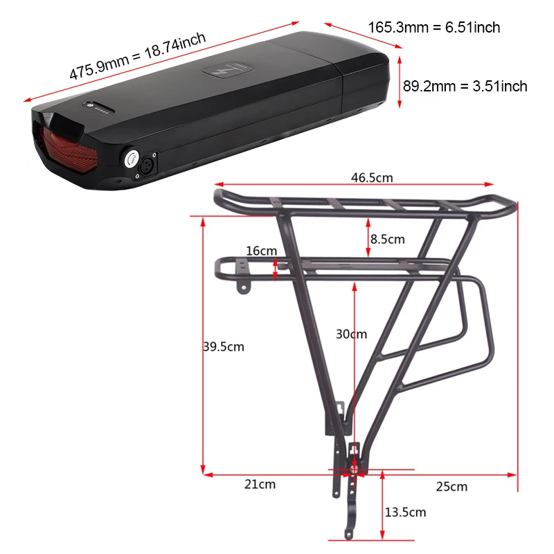 48v rear rack Battery 25ah 52V 20ah ebike batteries 36V 30ah with 21700 Cells 40A BMS 1500W Powerful Rear Rack BBS02 BBSHD