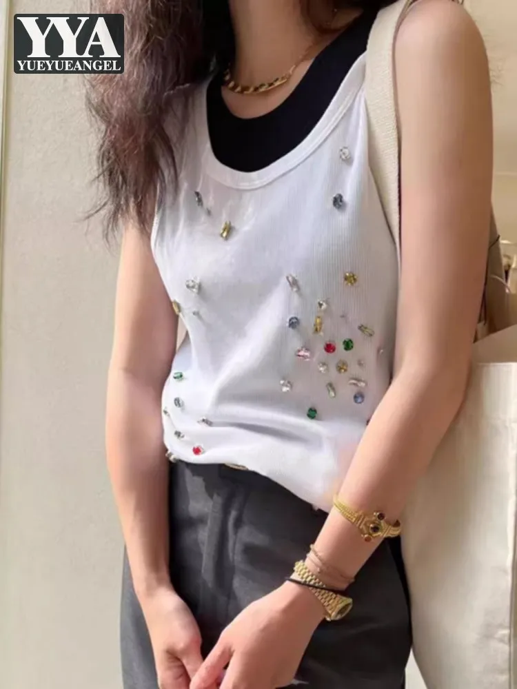 

Майка женская облегающая без рукавов, Повседневная рубашка с цветными стразами и круглым вырезом, удобный пуловер, уличная одежда, лето