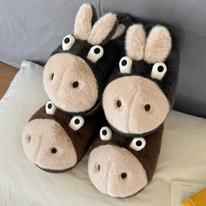 ليتل حمار الكرتون أفخم نعال من القطن الإناث الشتاء لطيف زوجين المنزل الدافئة لينة أسفل الأحذية المضادة للانزلاق ماوماو النعال الذكور
