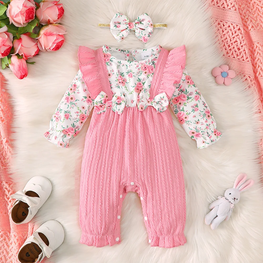 Niedlicher Langarm-Overall mit Blumenmuster für Babymädchen im Herbst, Lässiger und Entzückender Baby-Mädchen-Overall mit Haarband – Detail 1