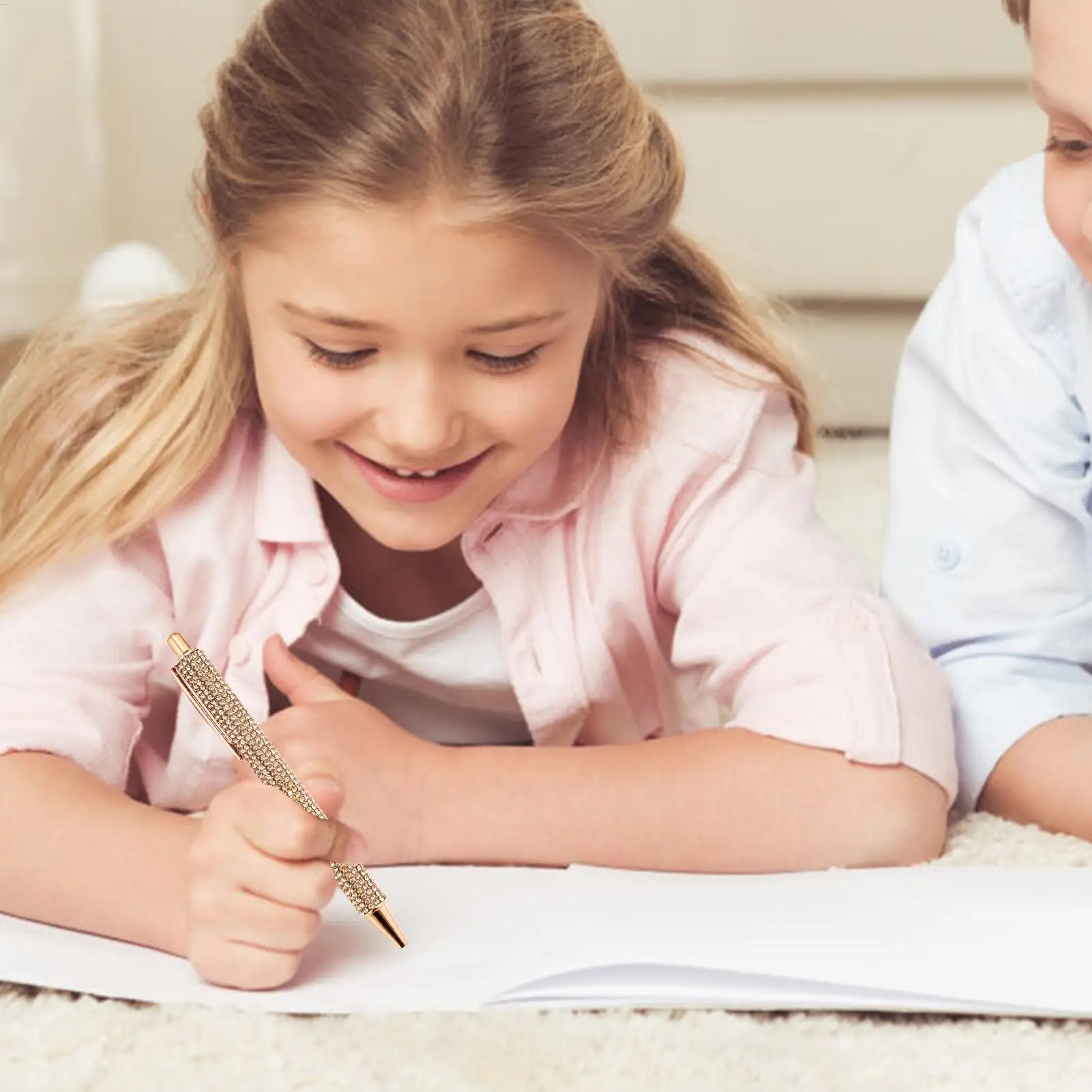 Caneta esferográfica pérola strass caneta esferográfica tinta retrátil strass luxo bonito rosa ouro metal papelaria