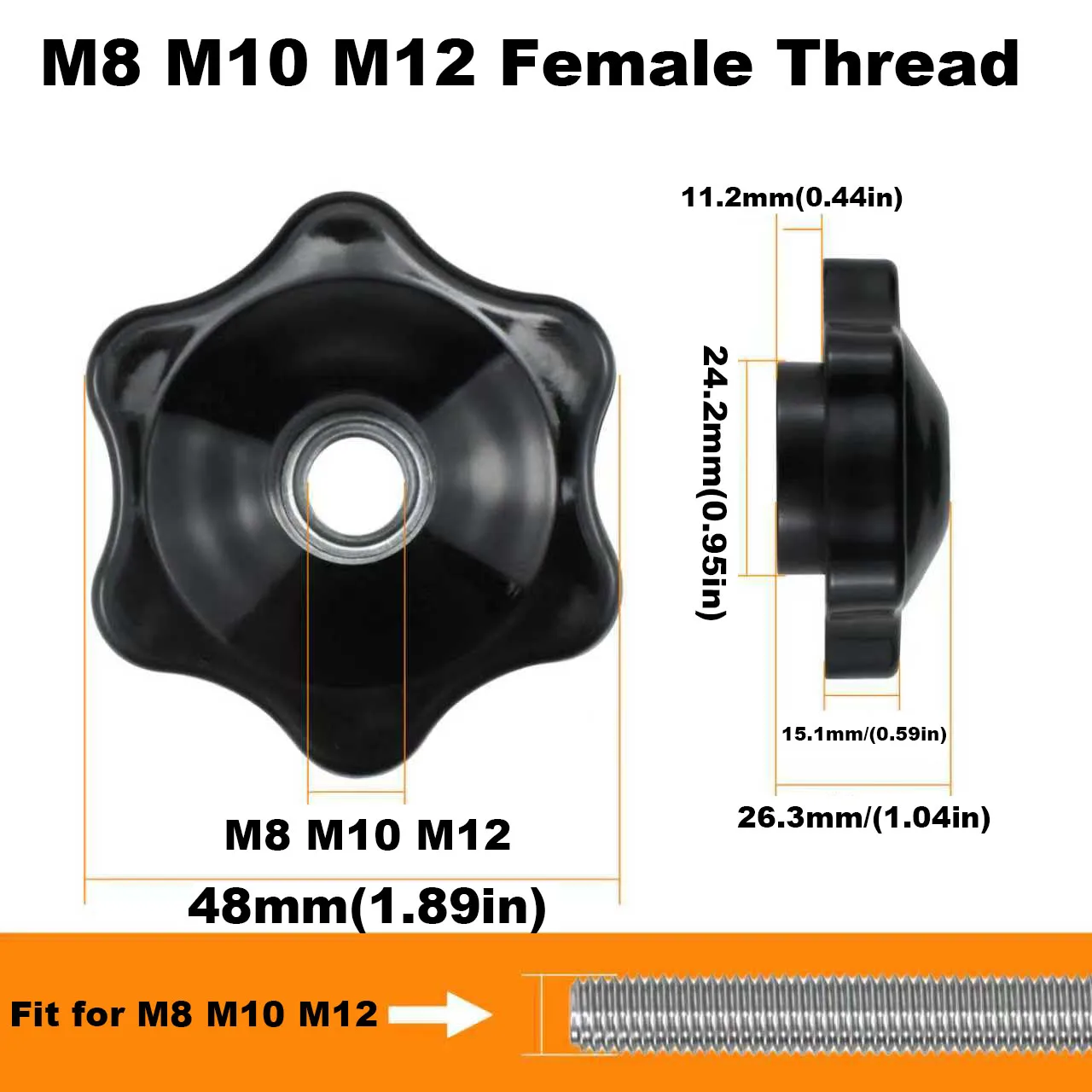 M8 M10 M12 Knob Black Nylon Screw-On Type Through Hole Irou Threaded Knob Nuts 6-Star Shape Hand Tighten Clamping Knobs