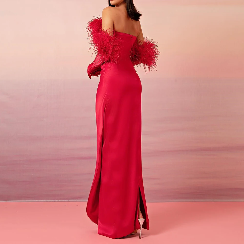 Graceful Back Slit Pleats Crystal Feathers Detachable Sleeves Evening Dresses Modern Red Strapless Straight Satin Party Gowns