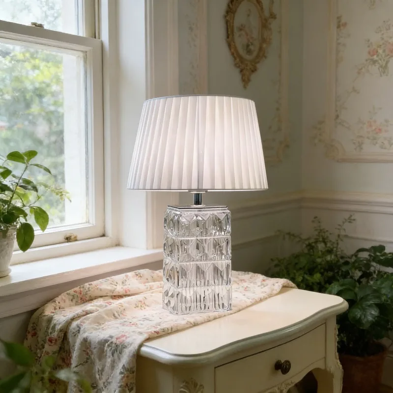 

French Style Table Lamps Luxury Crystal Glass Square Design Light Living Room Bedroom Hotel Villa Modern Minimalist Desk Lights