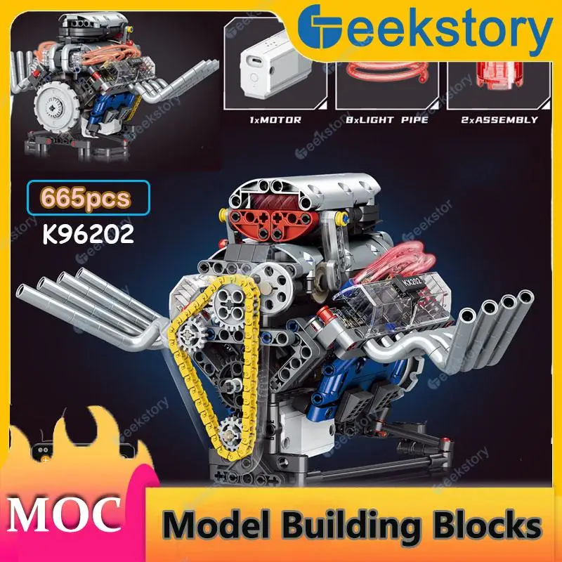 

665pcs V8 Engine Model MOC Building Blocks Set Car Parts K96202 Ornaments With APP Programming Motor Drive DIY Toys Bricks Gift