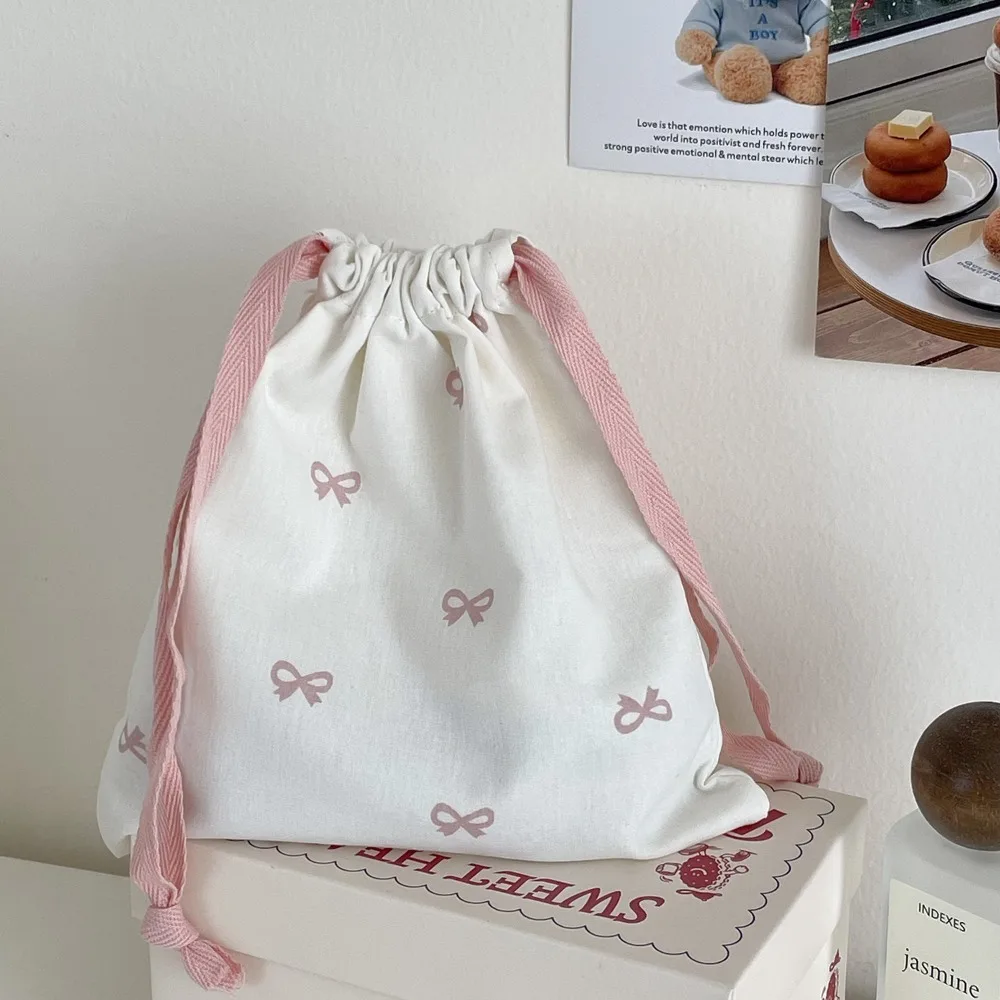 Luiertas Canvas Bundel Pocket Bow Print Grote Trekkoord Opbergtas Draagbare Witte Katoenen Tas Dagelijks