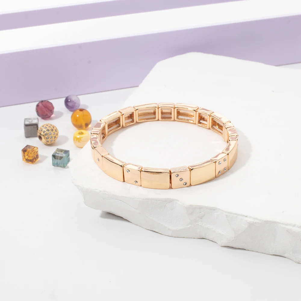 2024 New Fashion Gold Color Enamel Dice Bead Bracelet for Women Bohemian Beads Inlaid Colorful Zircon Elastic Jewelry Accessory