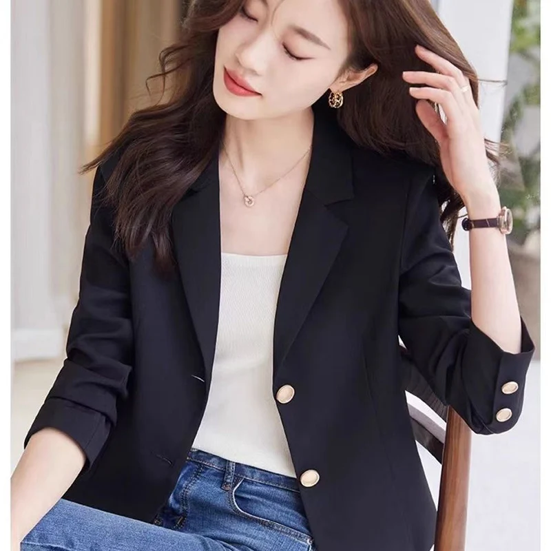 Mode Revers Knopf All-Match einfarbige Blazer Damen bekleidung Herbst neue lose schicke Tops Büro Dame Blazer