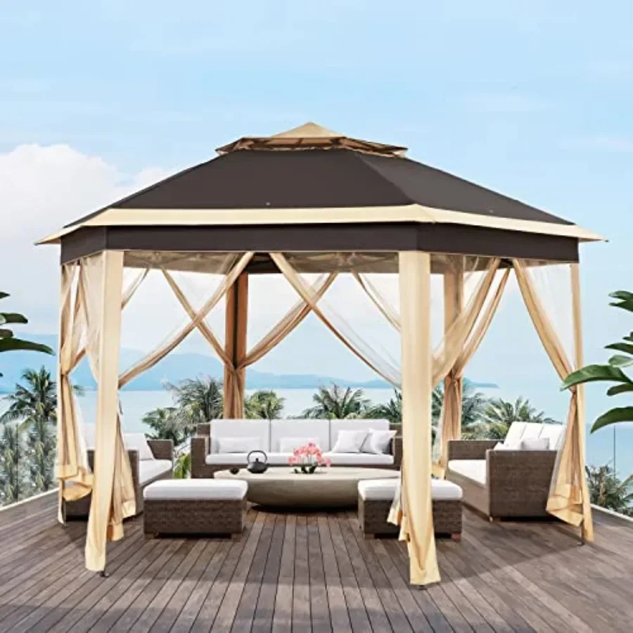 13x13 Pop up Gazebo Hexagonal Outdoor  Shelter  Patio Gazebo Sun Shade  Tent with Double Tiers Mesh Netting for Lawn Garden Bac