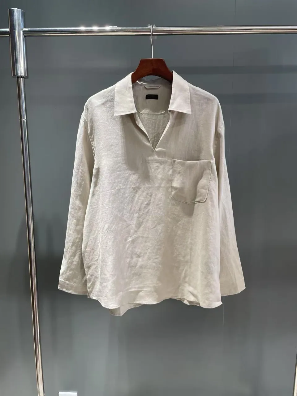 ZEG Old Money Aesthetic Men Oasis Linen Big V Turn Down Sailor Collar Round Hem Chest Pocket Casual Long Sleeve Shirt