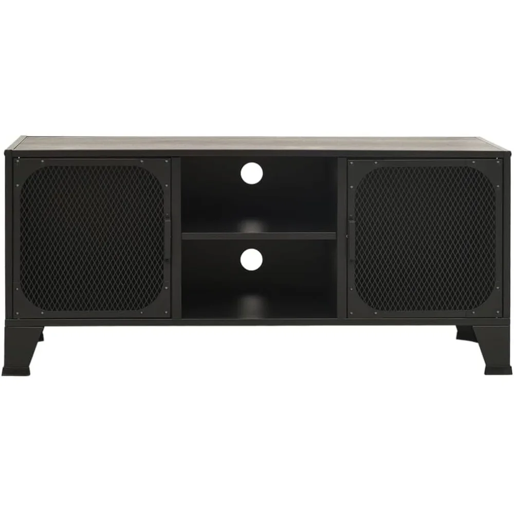 حامل تلفزيون رمادي 41.3 بوصة × 14.2 بوصة × 18.5 بوصة معدن وMDF، حامل تلفزيون معدني صناعي مع أبواب شبكية وحوامل تلفزيون لإدارة الكابلات، #3