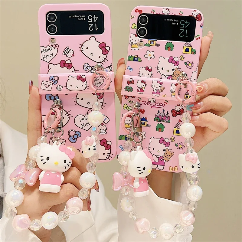 Cute Cartoon Sanrio Hello Kitty Phone Case For Samsung Galaxy Z Flip 6 5 Candy Colorful Hard Cover For Z Flip 3 4 With Lanyard