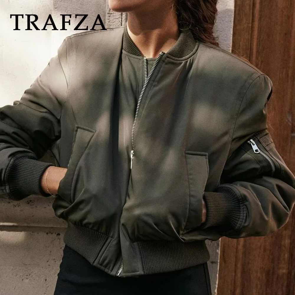 TRAFZA 2024 Autumn Winter Women Casual Pilot Coats Zipper Solid Cotton Jackets Pockets Loose Fit Warm Thick Female Outwears