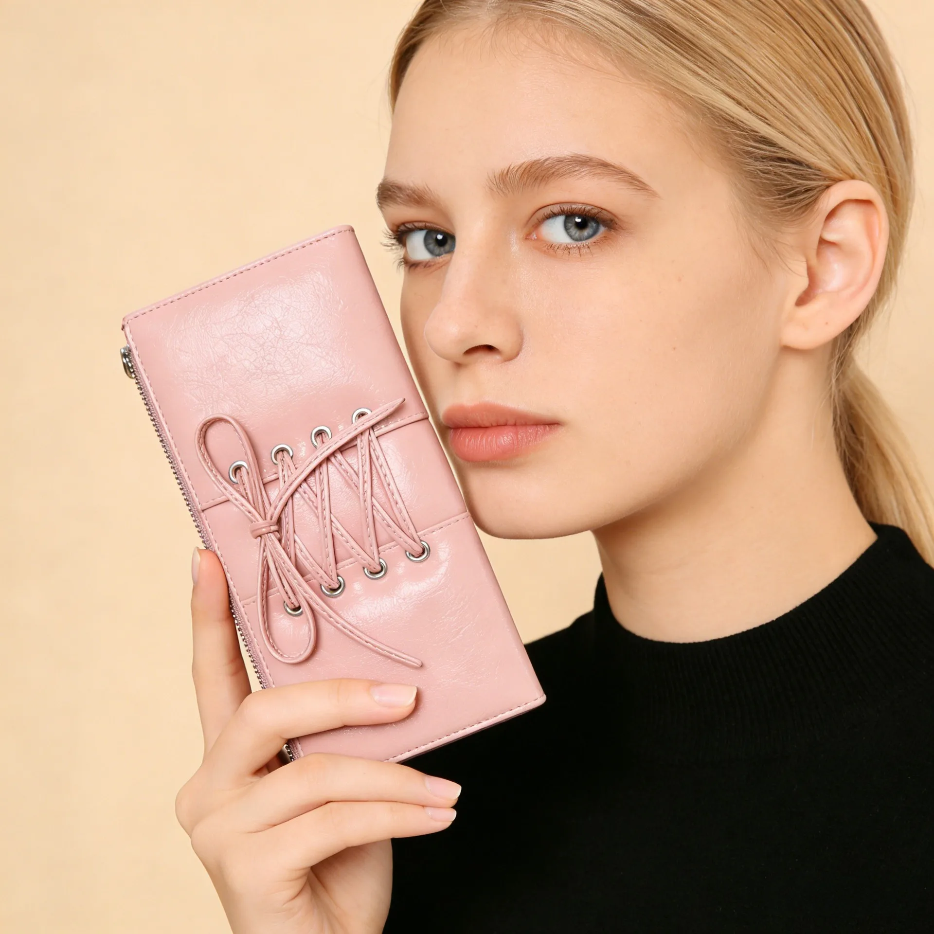 Women Long Leather Wallet Lace Up Bow Design Zipper Card Holder Purse Clutch Bag with Coin Pocket Ladies Handbag Money Case