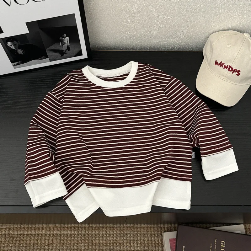 Boys and Girls T-shirt Long Sleeved Children's Base Shirt Spring and Autumn  Casual Versatile Striped Baby Top