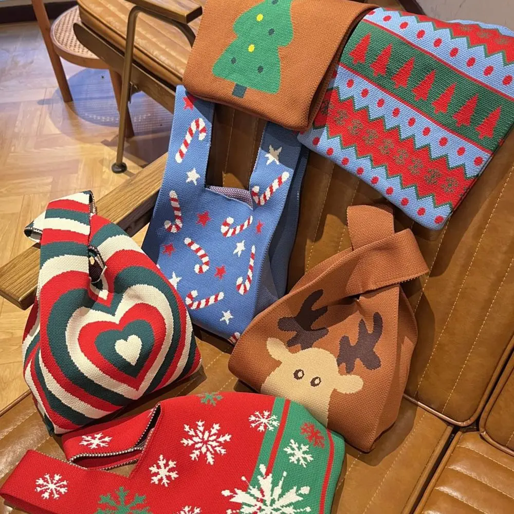 

New Polyester Women Christmas Knit Bag Christmas Tree Reusable Knot Wrist Bag Snowman Handmade Knit Tote Bags Shopping Bags