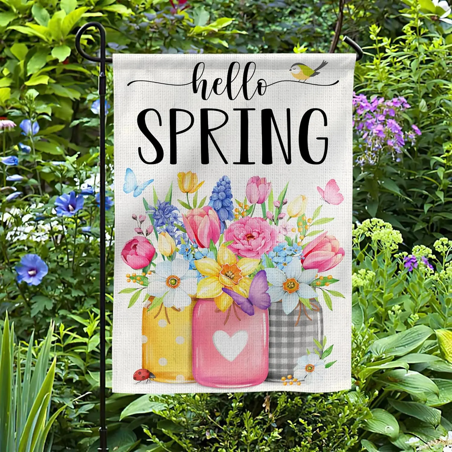 Hello Spring Garden Flag 12x18 Inch Double-Sided, Floral Mason Jar, Outdoor Spring Decorations for Home & Porch & Ya YYD EEZ