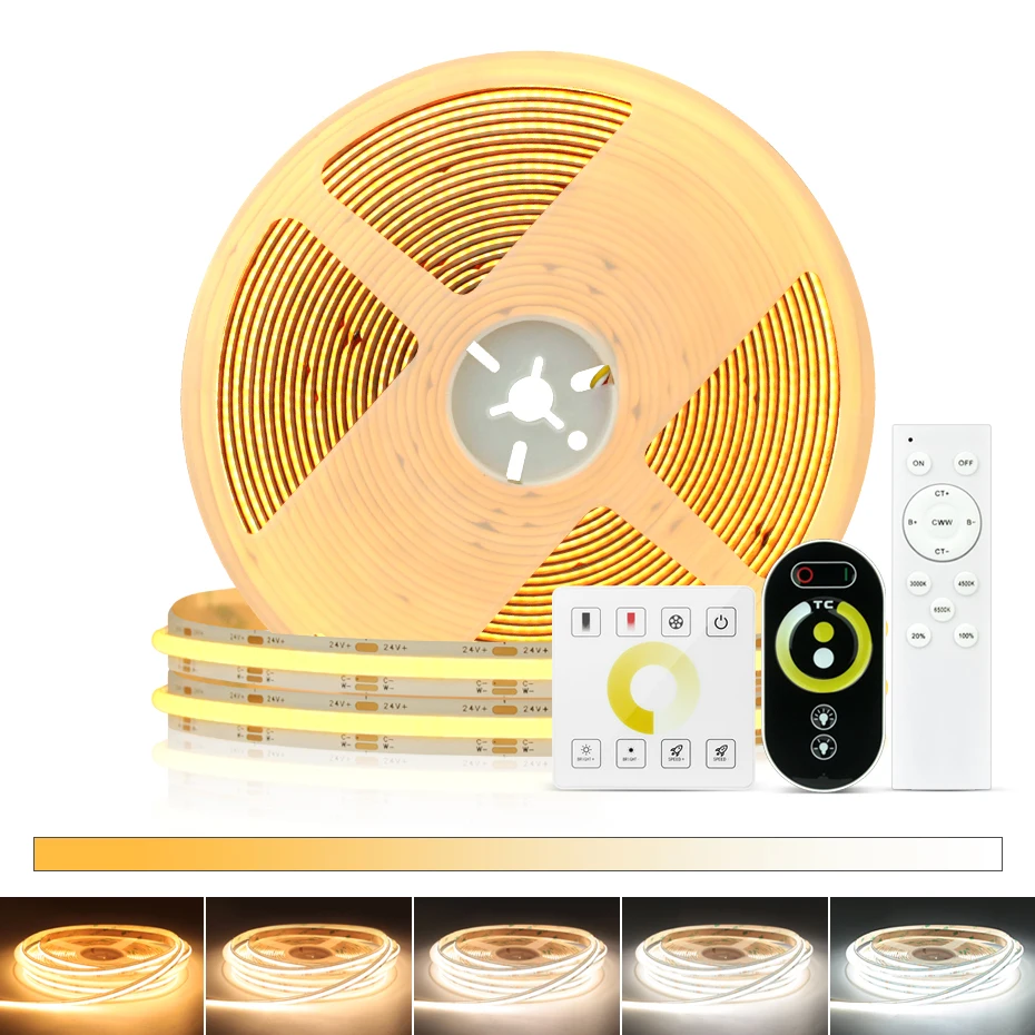 Dimmable CCT COB LED Strip DC24V 560LEDs/m 2700K-6000K Color Changeable 8mm Flexible Tape with RF Control for Home Lighting