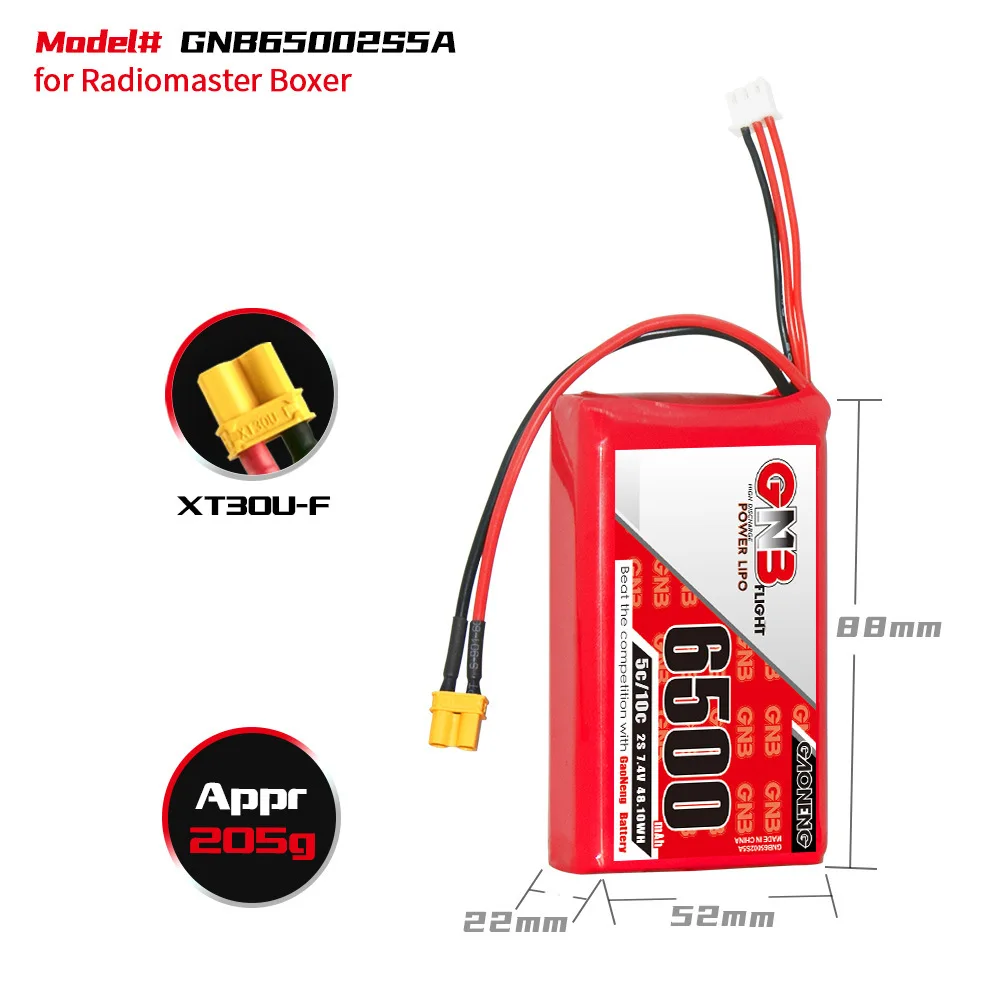 GNB 2S 7.4V 6500mAh 5C/10C LiPo Battery RadioMaster Boxer For RC Drones Parts FPV Remote Control Receiver Battery