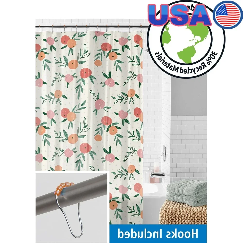 

Waterproof Eco-Friendly 30% Recycled PEVA Shower Curtain Set with 12 Rollerball Hooks Fun Peach Pattern 13-Piece Set
