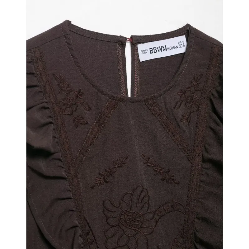 HipSeam 女性花柄刺繍シャツティアード秋 O ネック長袖女性のシャツ & ブラウスカジュアル女性トップス