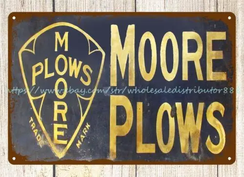 garage metal poster shelves Moore Plows metal tin sign