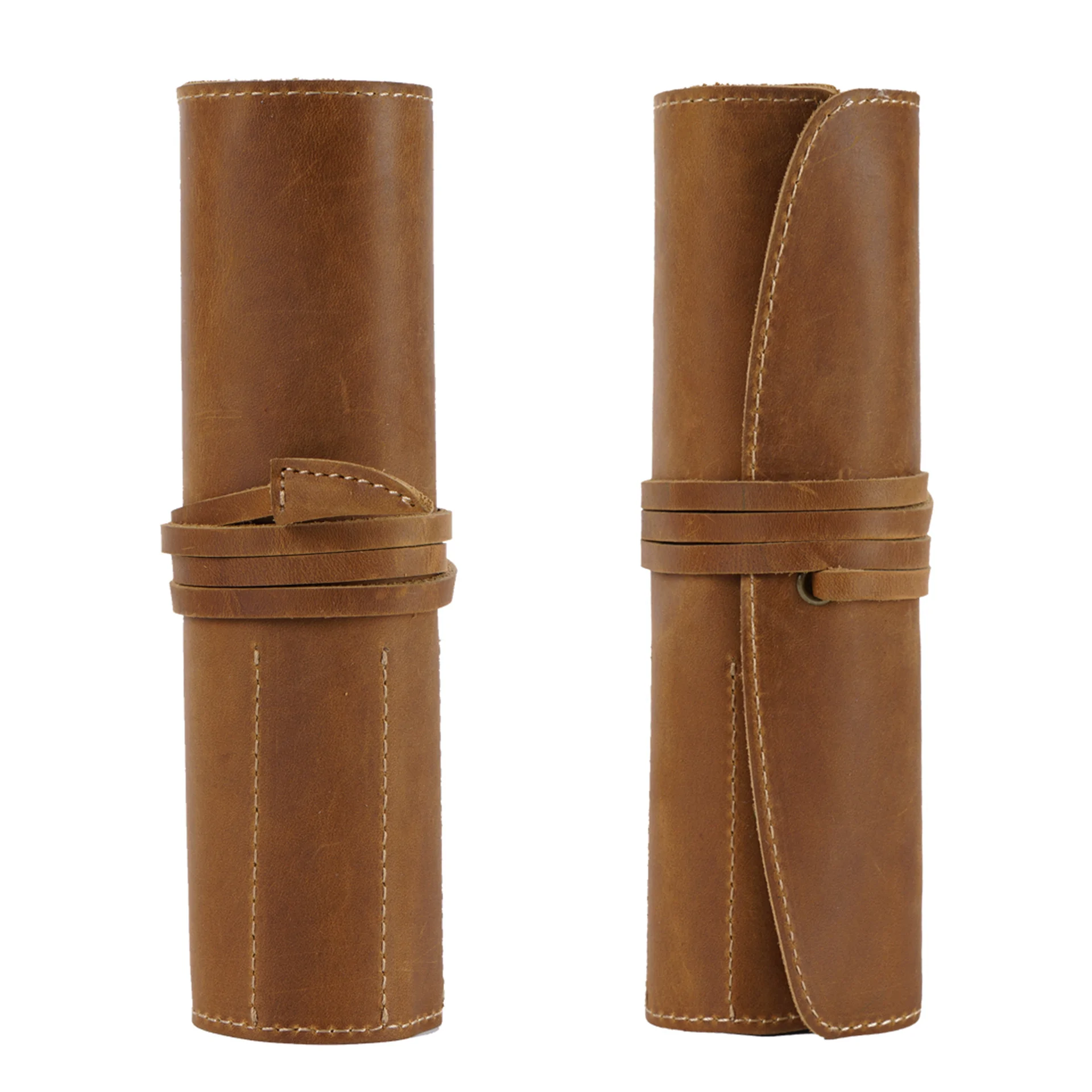 AIGUONIU Custom Brown Leather Pen Case First Layer Cowhide Curtain Leather Pencil Bag Simple Artistic Multi-function Pencil Bag