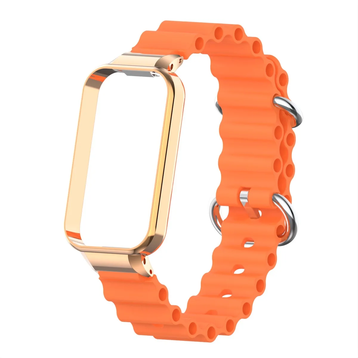 2in1 Wavy Silicone Strap+Rose Gold Case Suit for Redmi Band3 and Miband9 Active Metal Protective Cover and Silicone Strap