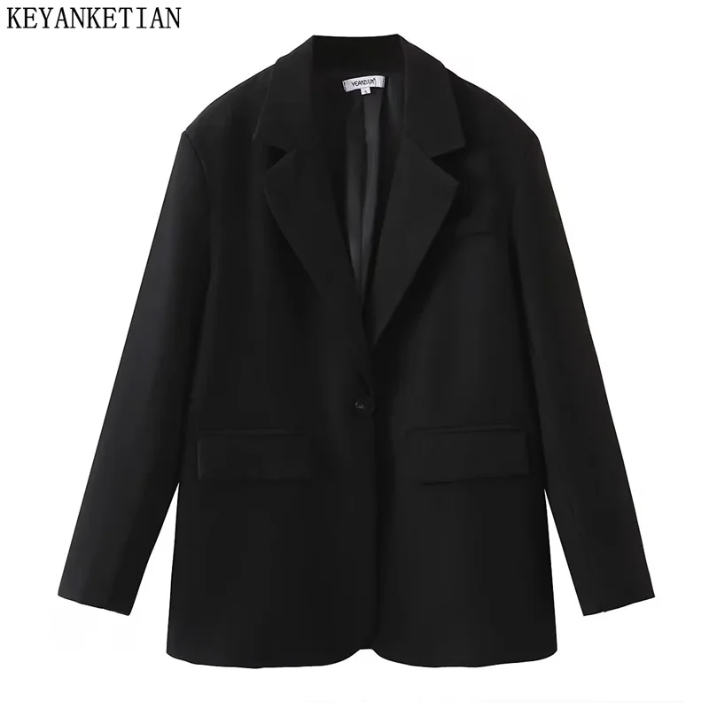 

KEYANKETIAN 2024 New Launch Women's Oversize Black Suit Spring Unisex style One-Button Flap Pockets Leisure Outerwear Female Top