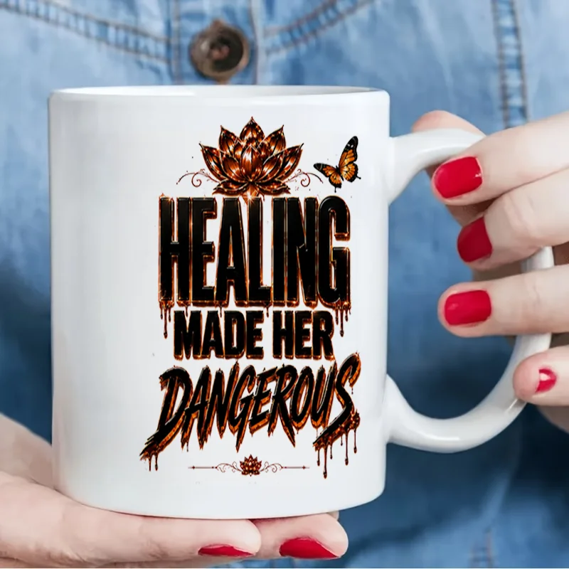Healing Made Her Dangerous Lotus Butterfly Quote Ceramic Coffee Mug, 11oz 350ml Colorful Print Mug, Personalized Custom Cute Aes