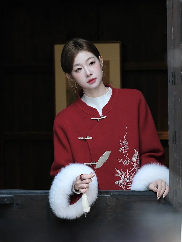 

Новое китайское шерстяное пальто в национальном стиле EIA One Yao Tai JingHong, ретро, женское, зимнее, элегантное, с открытым передом, длинное