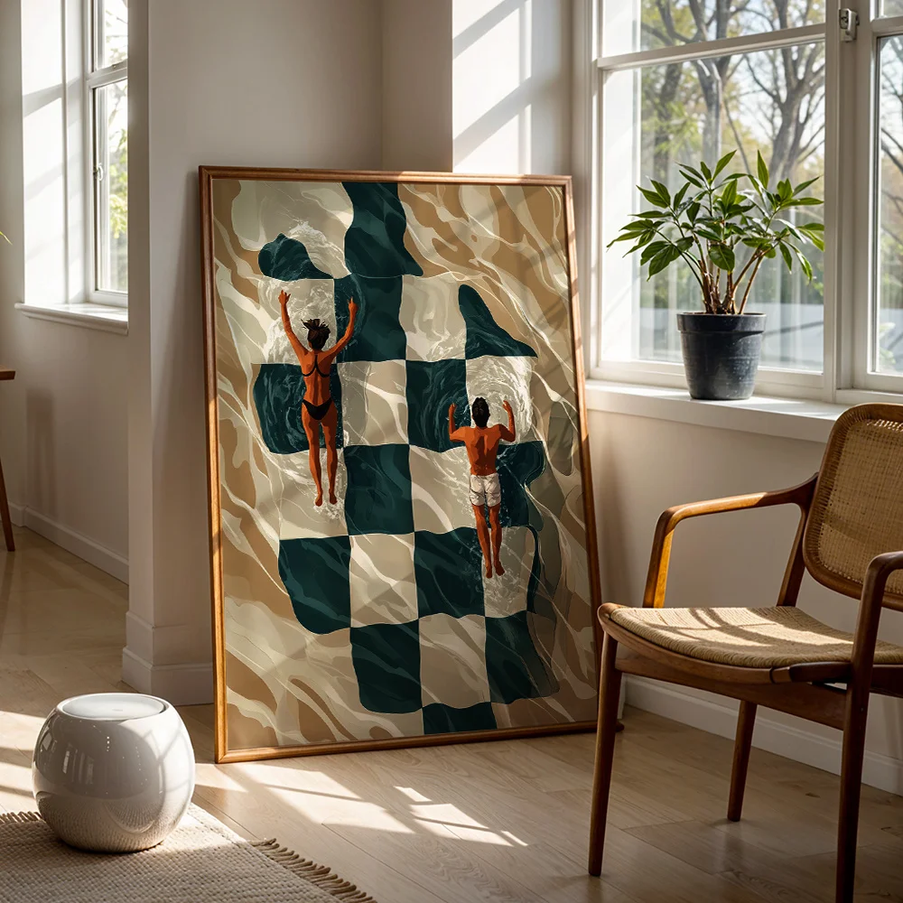 

2D Flat Couple in Yellow Checkerboard Pool Canvas Wall Art, Frameless Abstract Unique & Creative Artworks for Living Room Decor