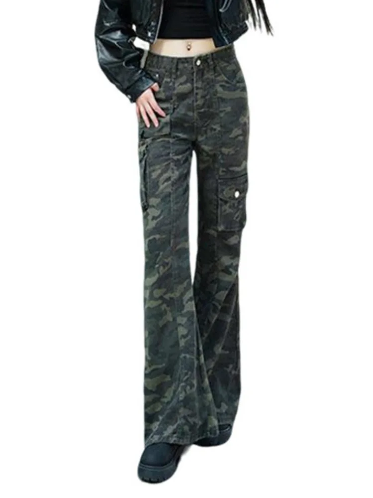 

Women High Waist Cargo Wide Leg Jeans Army Green Camo Denim Pants Utility Pocket Vintage Wash Loose Trousers