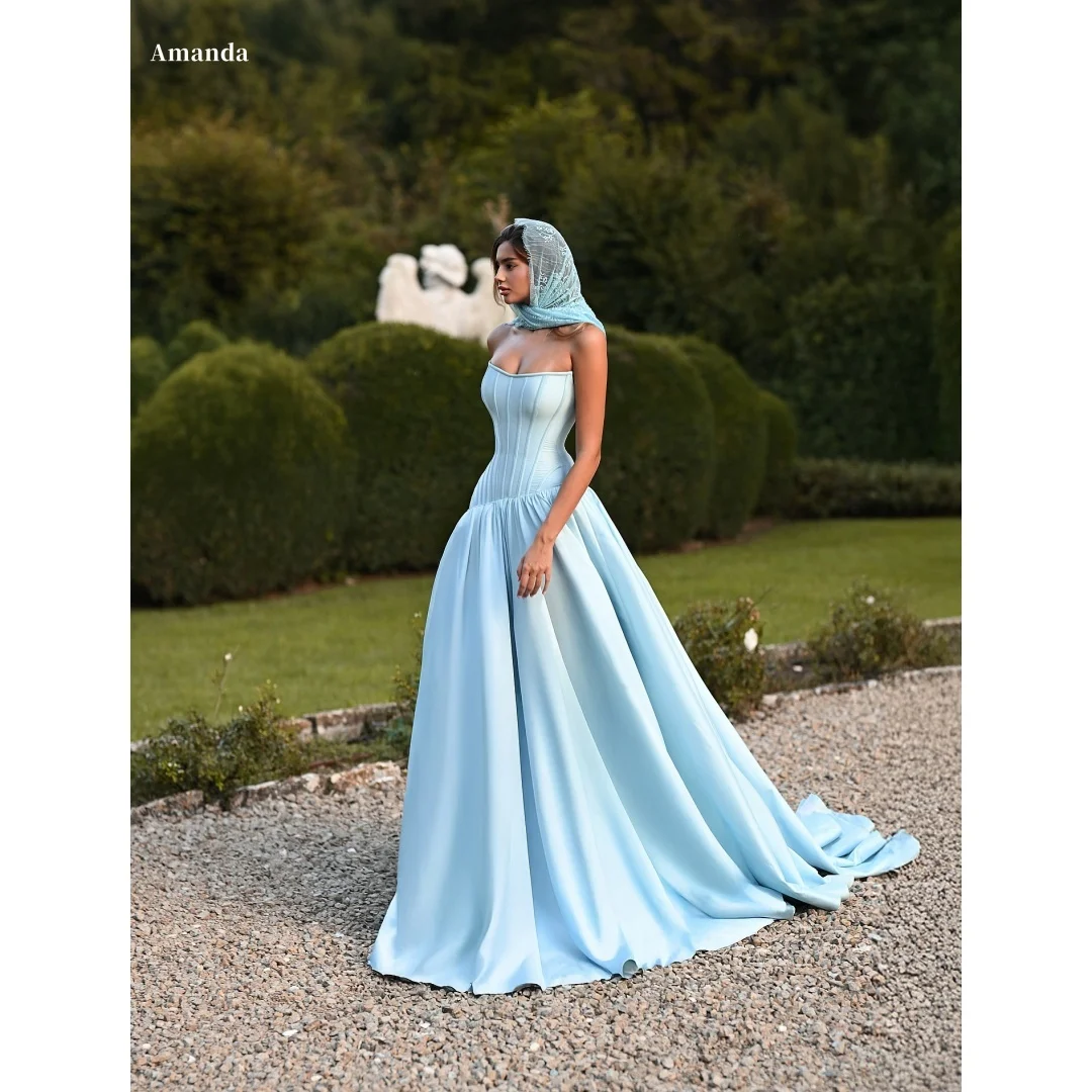 Amanda Aangepaste Blauwe Tulband Strapless Backless Mouwloze Galajurk Satijn vestidos de noche Vloerlengte Formele Avond 2025