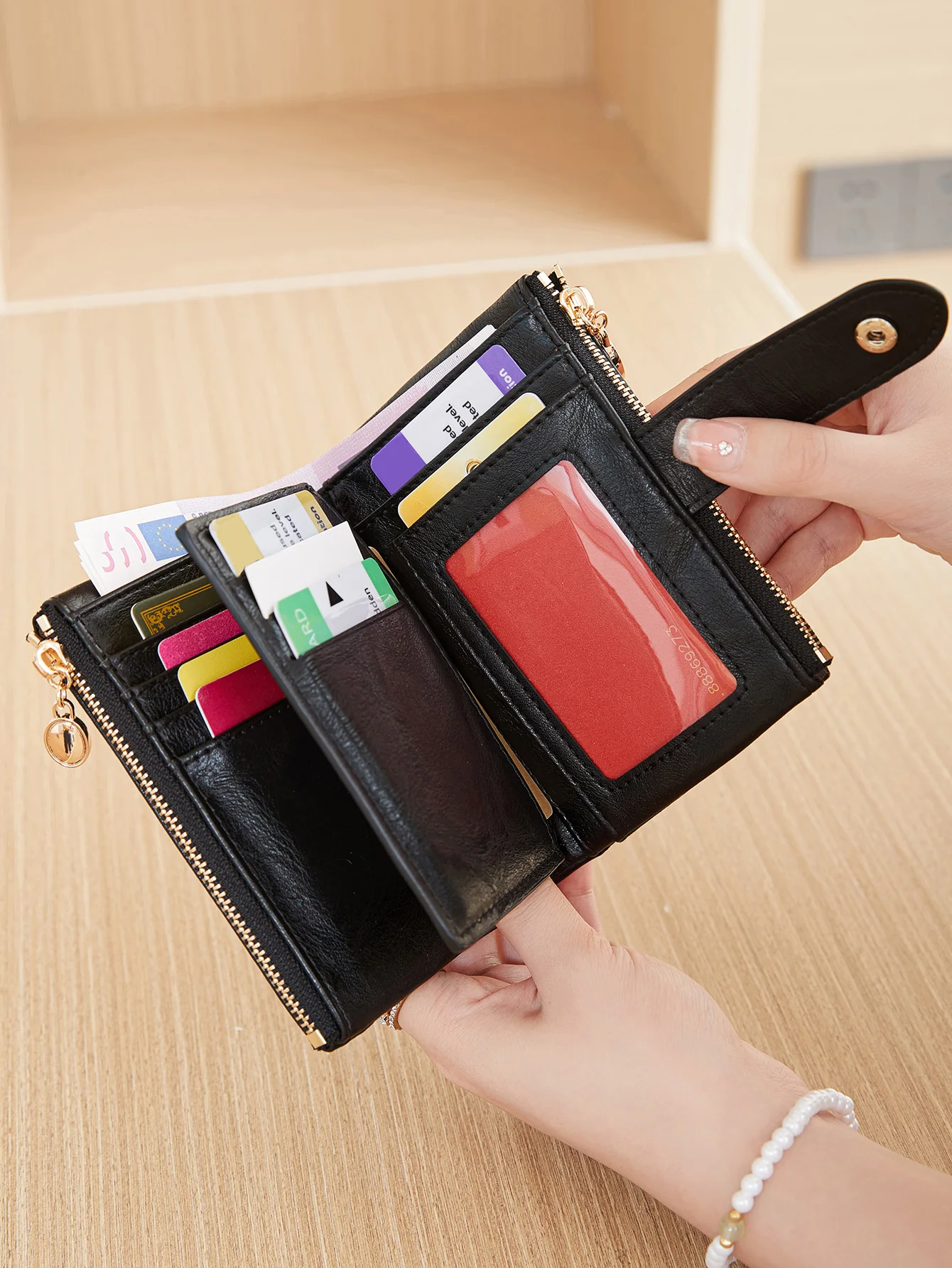 Minimalistische Damen-Geldbörse, kurz, dreilagig, großes Fassungsvermögen, Doppelreißverschluss, Kartenhalter, Ausweis, Kreditkartenetui, Geldbeutel – Detail 15