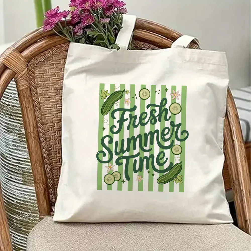 Cute Fresh Summer Time Canvas Tote Bag Green Stripe Cucumber Vegetable Print Aesthetic Beach Vacation Shoulder Picnic Handbag