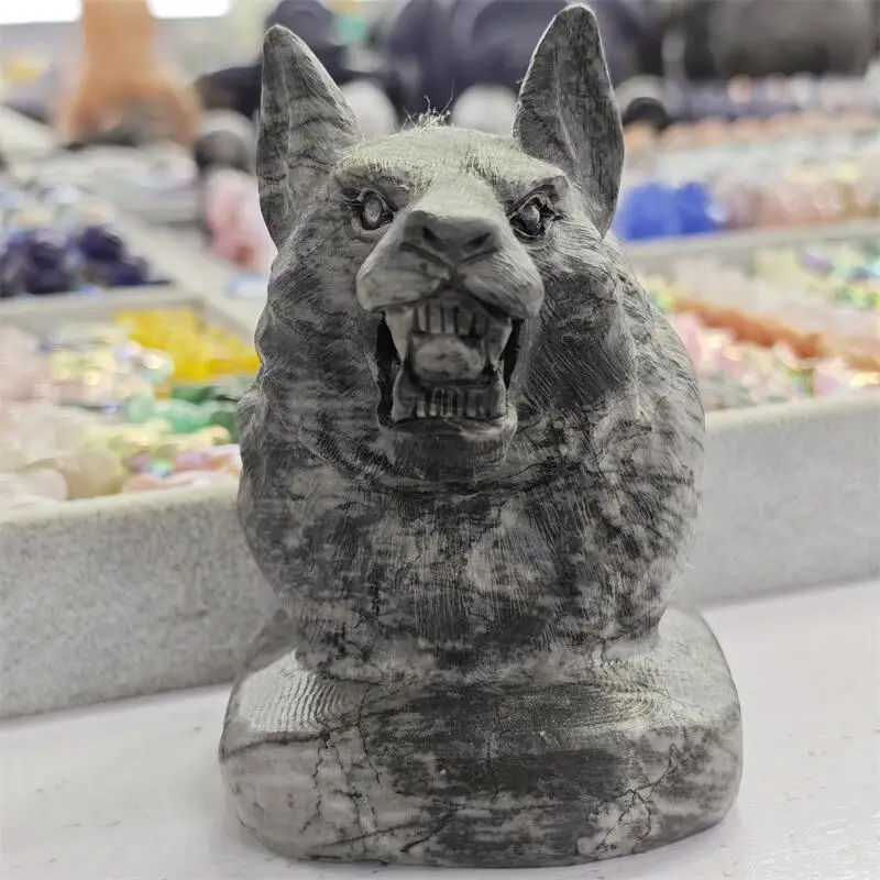 Natural Black Network Stone Wolf Head Carving Animal Healing Reiki Stones Gems For Home Decorations Gift 1PCS