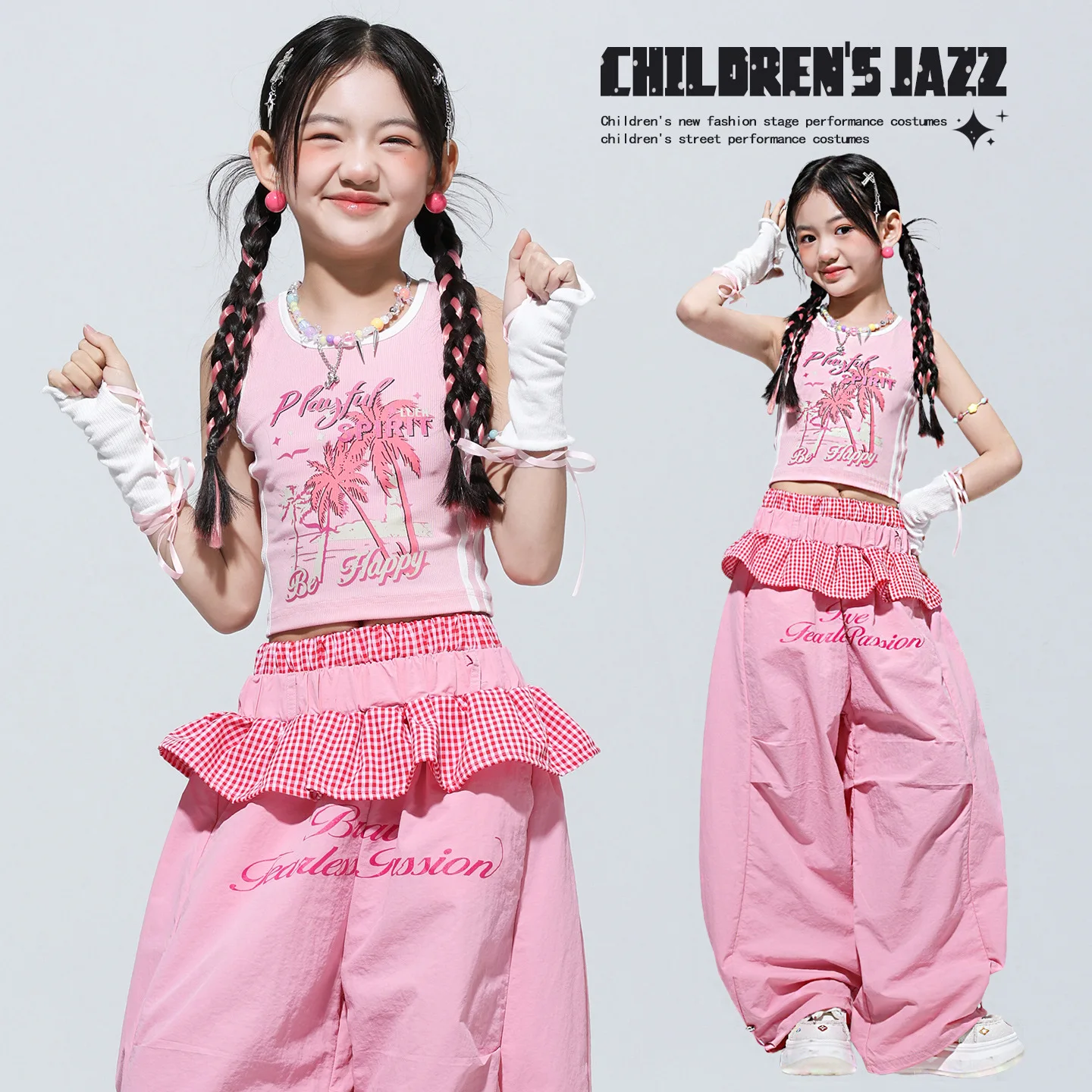 Girls Sweet Pink White Crop Vest Hip Hop Pink Waist Pants Kids K-pop Streetwear Children Jazz Costume Girl Group Clothes Sets