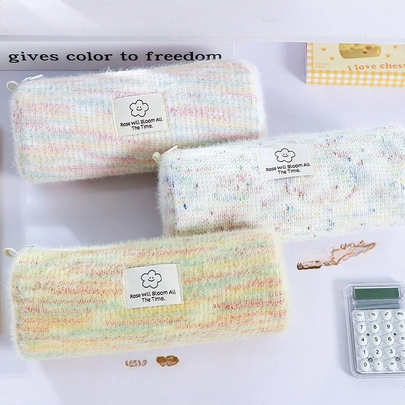 Stationery Bag Simple Plush Colorful Cylindrical Pen Case High Appearance Quality Large Capacity Portable Stationery Box