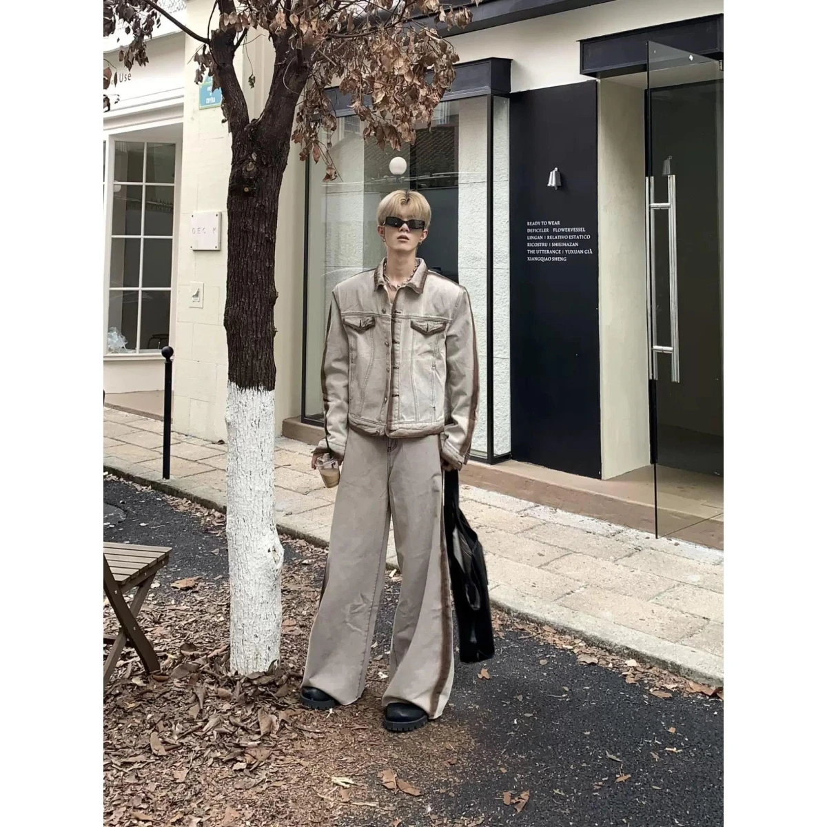 

Trendy American Denim Set Autumn Winter New Sle Coffee Stripe Color Blo Desert Wind Jaet Pants Suit for Teenagers