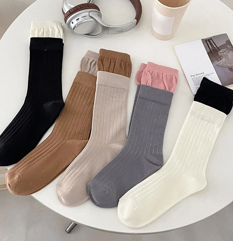 

Y2K Splicing Color Double Ribbed Women's Socks Middle Tube Cotton Socks College Style Girls Pile Socks Streetwear Crew Socks