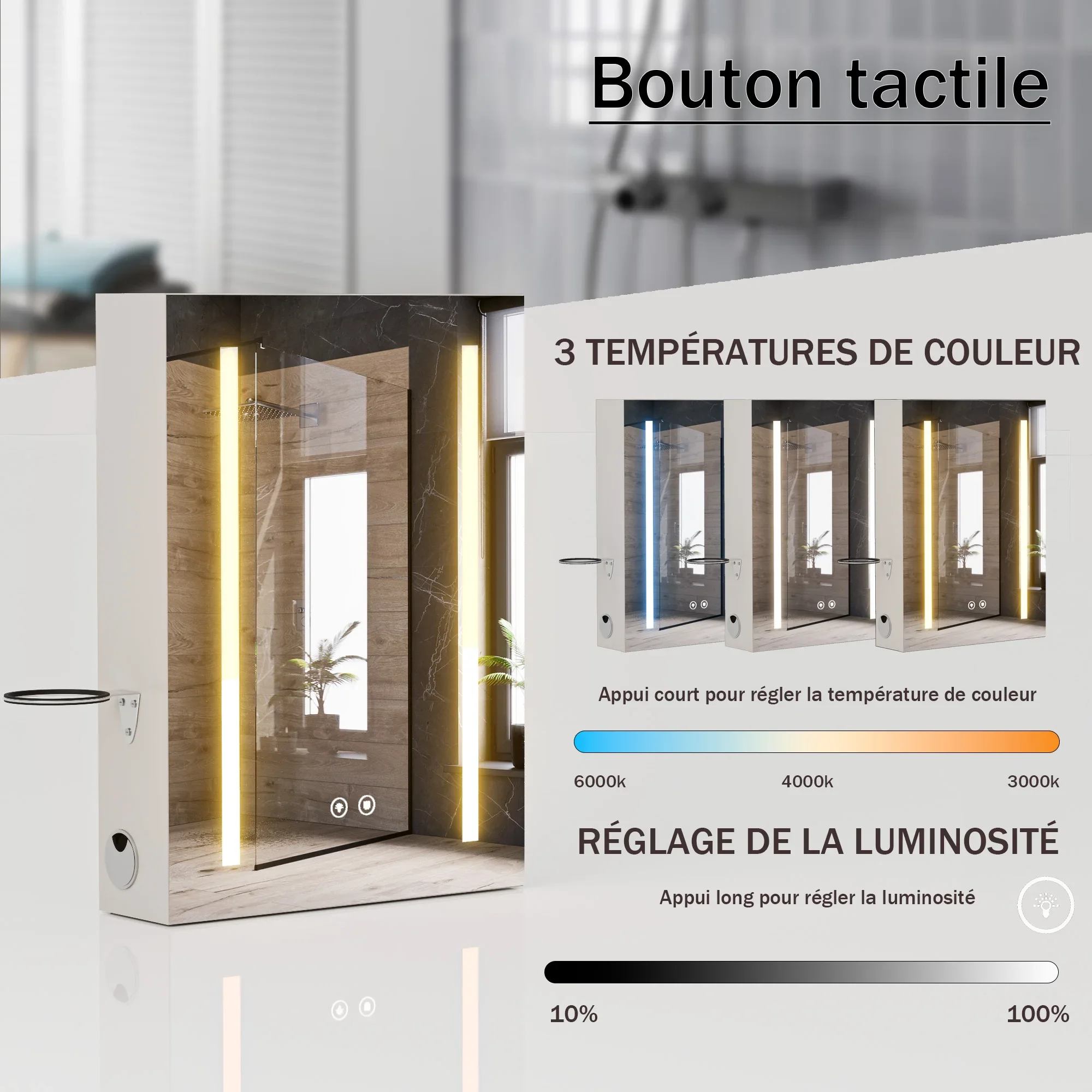 LED-Badezimmerspiegelschrank, Wandschrank, Badezimmer-Medizinschrank mit verstellbarem Regal, Defogger-Speicher, 3-Farben-Modus-Dimmer