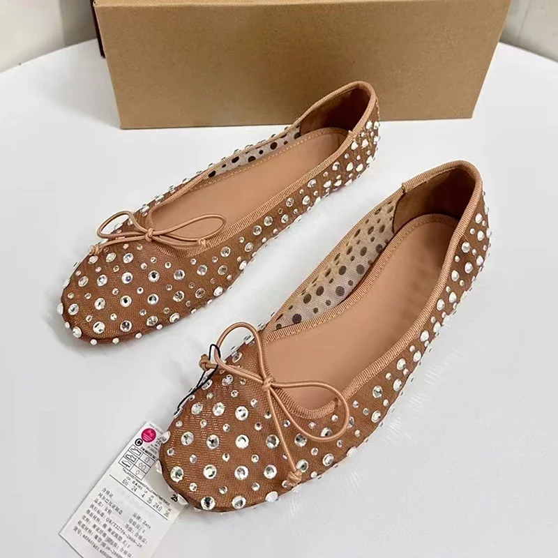 TRAF Women Rhinestone Dot Flats 2025 Spring Casual Boat Flats For Women Fashion Round Toe Flat Sandals Woman Street Flat Sandals